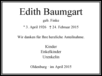 Traueranzeige von Edith Baumgart von Nordwest-Zeitung