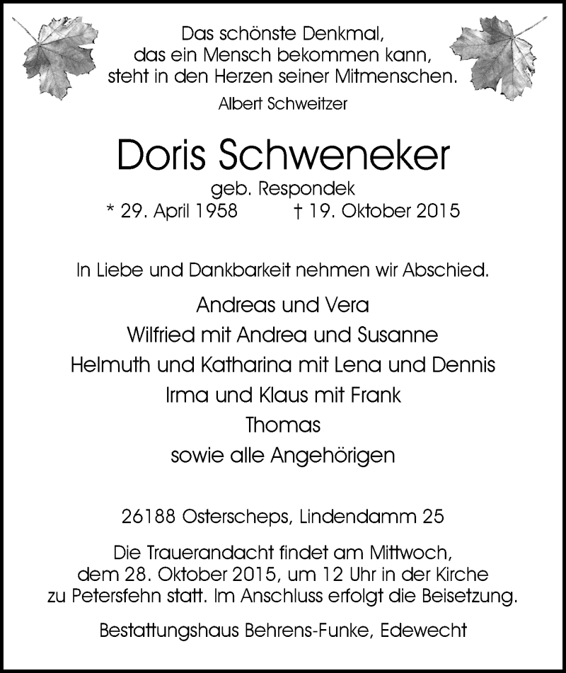  Traueranzeige für Doris Schweneker vom 23.10.2015 aus Nordwest-Zeitung