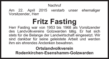 Traueranzeige von Fritz Fasting von Nordwest-Zeitung