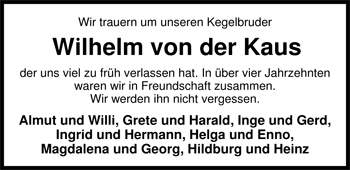 Traueranzeige von Wilhelm von der Kaus von Nordwest-Zeitung