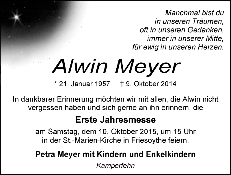  Traueranzeige für Alwin Meyer vom 09.10.2015 aus Nordwest-Zeitung