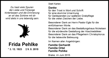 Traueranzeige von Frida Pehlke von Nordwest-Zeitung