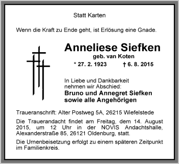Traueranzeige von Anneliese Siefken von Nordwest-Zeitung
