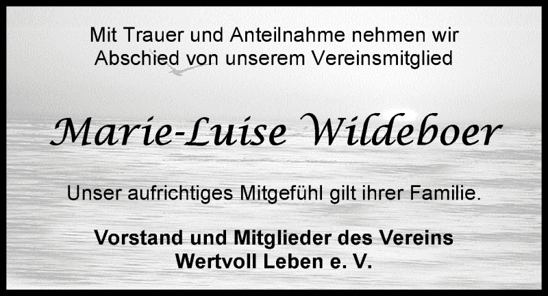  Traueranzeige für Marie-Luise Wildeboer vom 24.06.2015 aus Nordwest-Zeitung