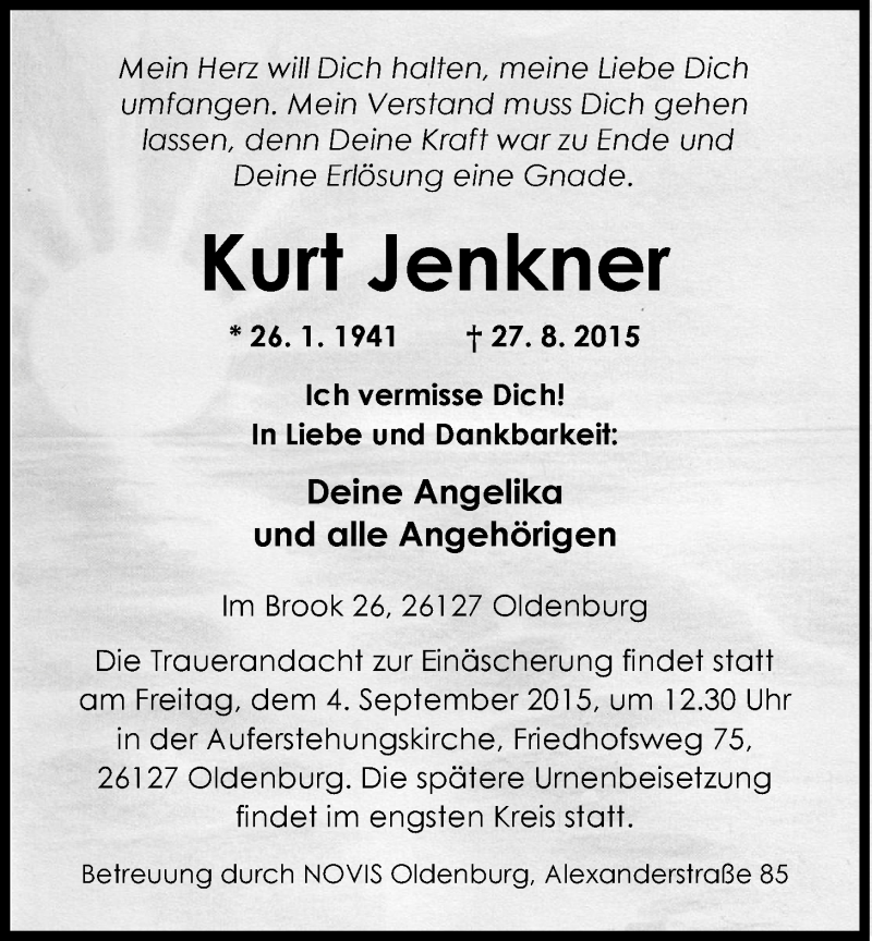  Traueranzeige für Kurt Jenkner vom 31.08.2015 aus Nordwest-Zeitung