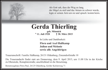 Traueranzeige von Gerda Thierling von Nordwest-Zeitung
