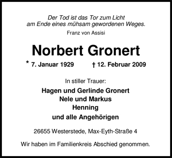 Traueranzeige von Norbert Gronert von Nordwest-Zeitung