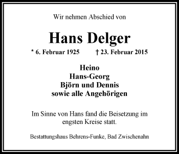 Traueranzeige von Hans Delger von Nordwest-Zeitung