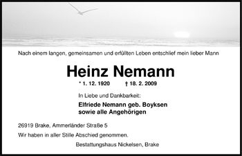 Traueranzeige von Heinz Nemann von Nordwest-Zeitung