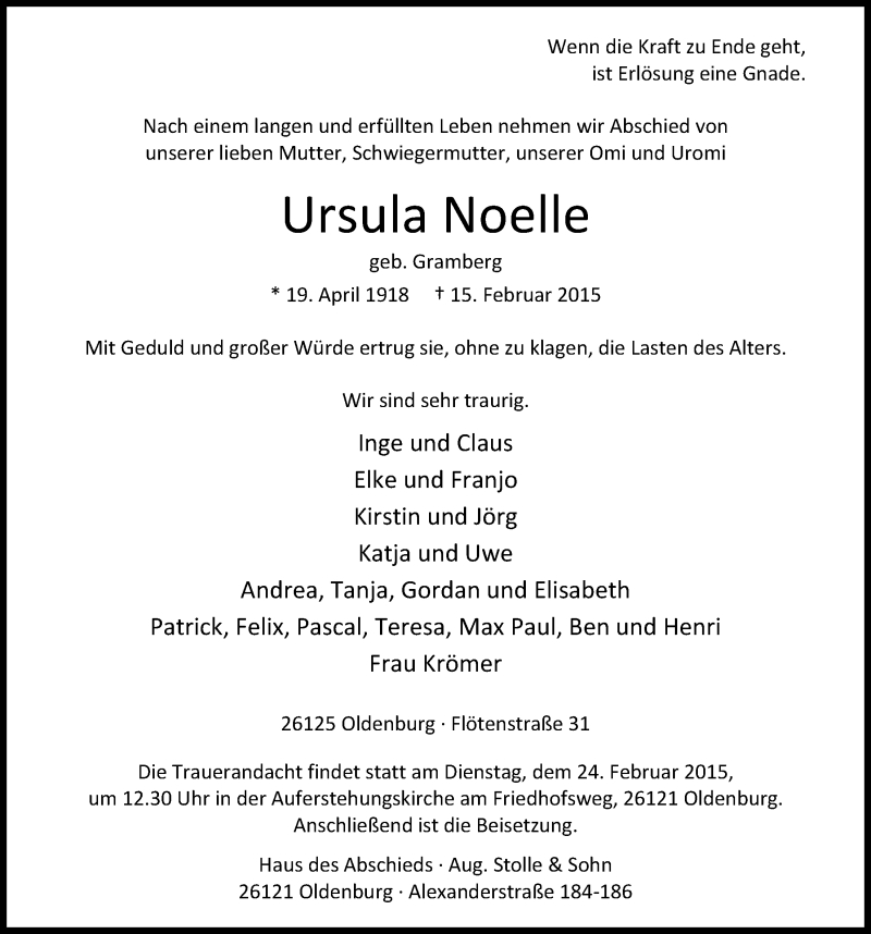  Traueranzeige für Ursula Noelle vom 19.02.2015 aus Nordwest-Zeitung
