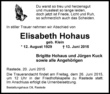 Traueranzeige von Elisabeth Hohaus von Nordwest-Zeitung
