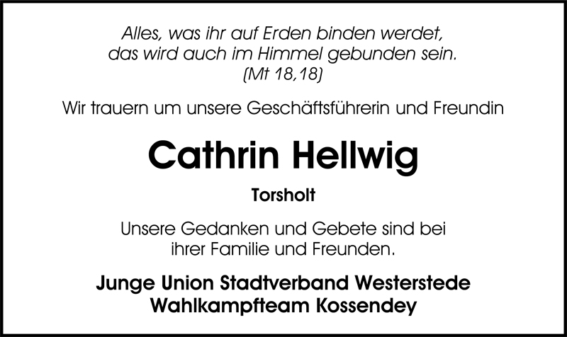  Traueranzeige für Cathrin Hellwig vom 05.11.2009 aus Nordwest-Zeitung
