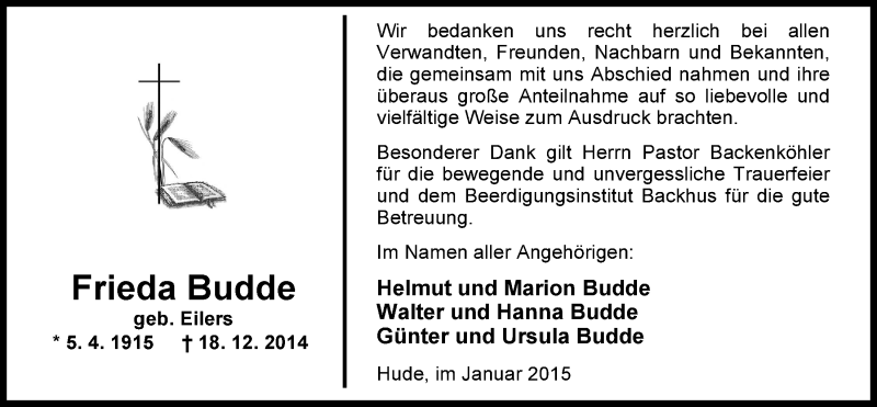  Traueranzeige für Frieda Budde vom 17.01.2015 aus Nordwest-Zeitung