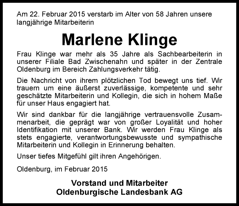  Traueranzeige für Marlene Klinge vom 25.02.2015 aus Nordwest-Zeitung