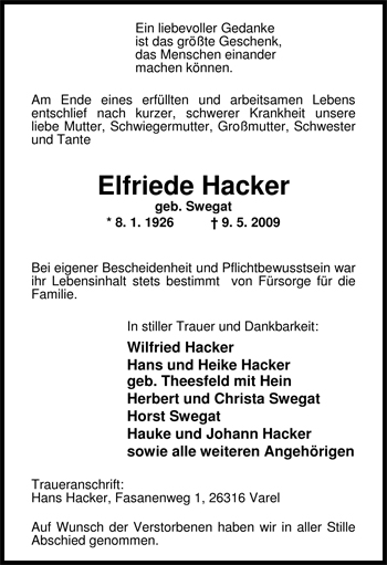 Traueranzeige von Elfriede Hacker von Nordwest-Zeitung