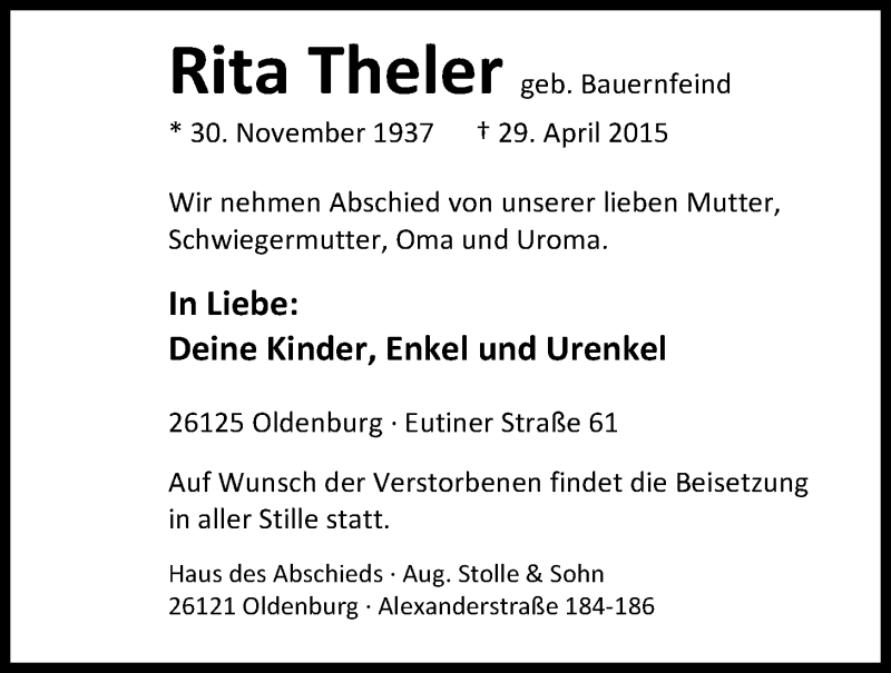  Traueranzeige für Rita Theler vom 06.05.2015 aus Nordwest-Zeitung