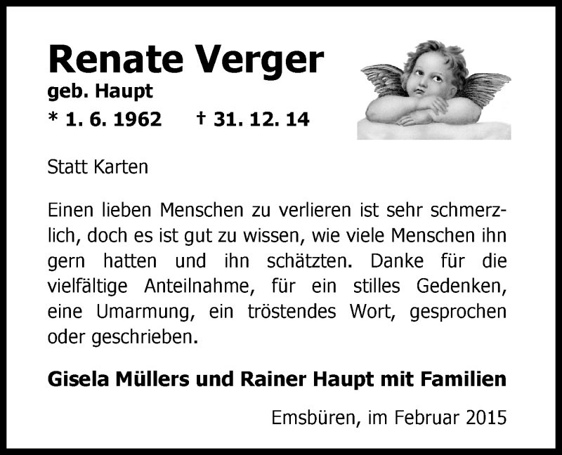  Traueranzeige für Renate Verger vom 28.02.2015 aus Nordwest-Zeitung