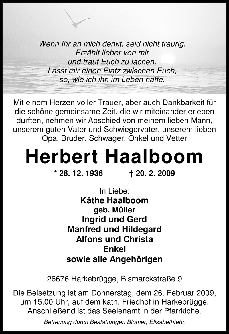  Traueranzeige für Herbert Haalboom vom 23.02.2009 aus Nordwest-Zeitung