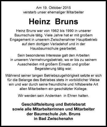 Traueranzeige von Heinz Bruns von Nordwest-Zeitung