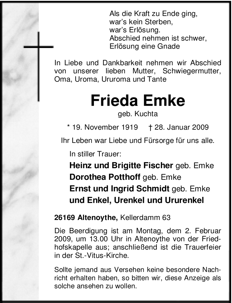  Traueranzeige für Frieda Emke vom 29.01.2009 aus Nordwest-Zeitung