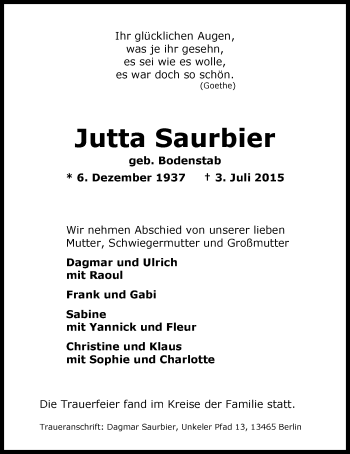Traueranzeige von Jutta Saurbier von Nordwest-Zeitung