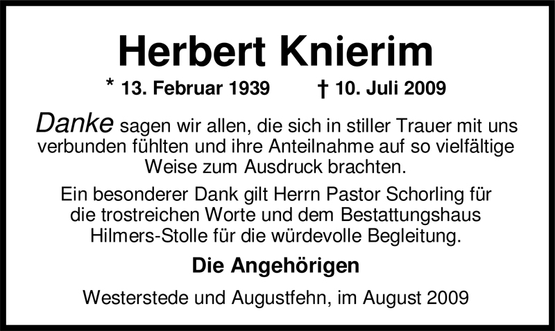  Traueranzeige für Herbert Knierim vom 21.08.2009 aus Nordwest-Zeitung