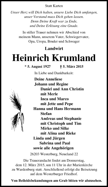 Traueranzeige von Heinrich Krumland von Nordwest-Zeitung