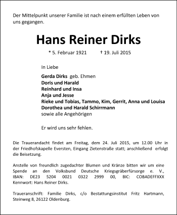 Traueranzeige von Hans Reiner Dirks von Nordwest-Zeitung