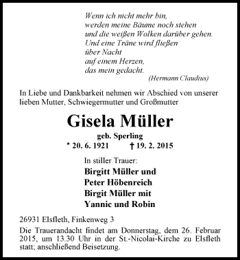Traueranzeige von Gisela Müller von Nordwest-Zeitung