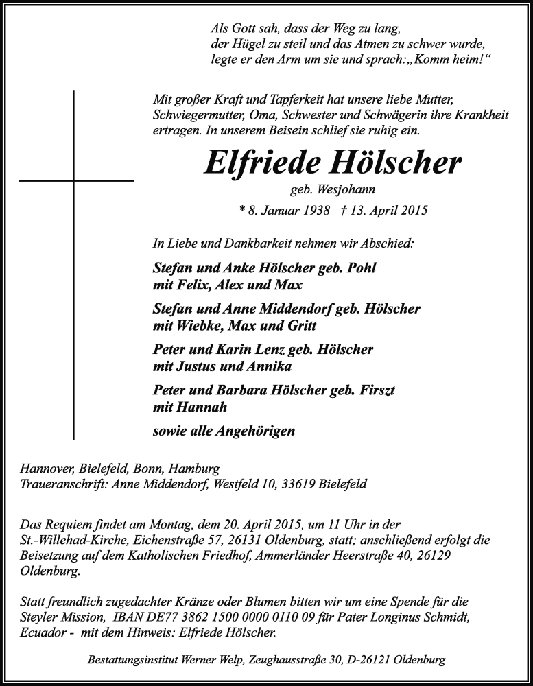  Traueranzeige für Elfriede Hölscher vom 16.04.2015 aus Nordwest-Zeitung