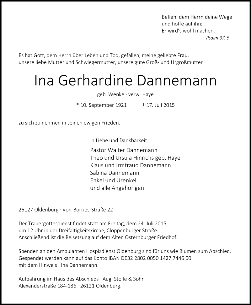  Traueranzeige für Ina Gerhardine Dannemann vom 21.07.2015 aus Nordwest-Zeitung