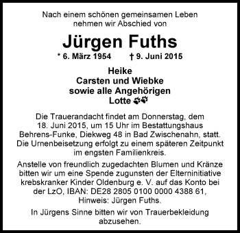 Traueranzeige von Jürgen Fuths von Nordwest-Zeitung