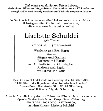 Traueranzeige von Liselotte Schuldei von Nordwest-Zeitung
