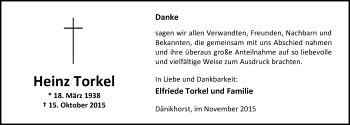 Traueranzeige von Heinz Torkel von Nordwest-Zeitung