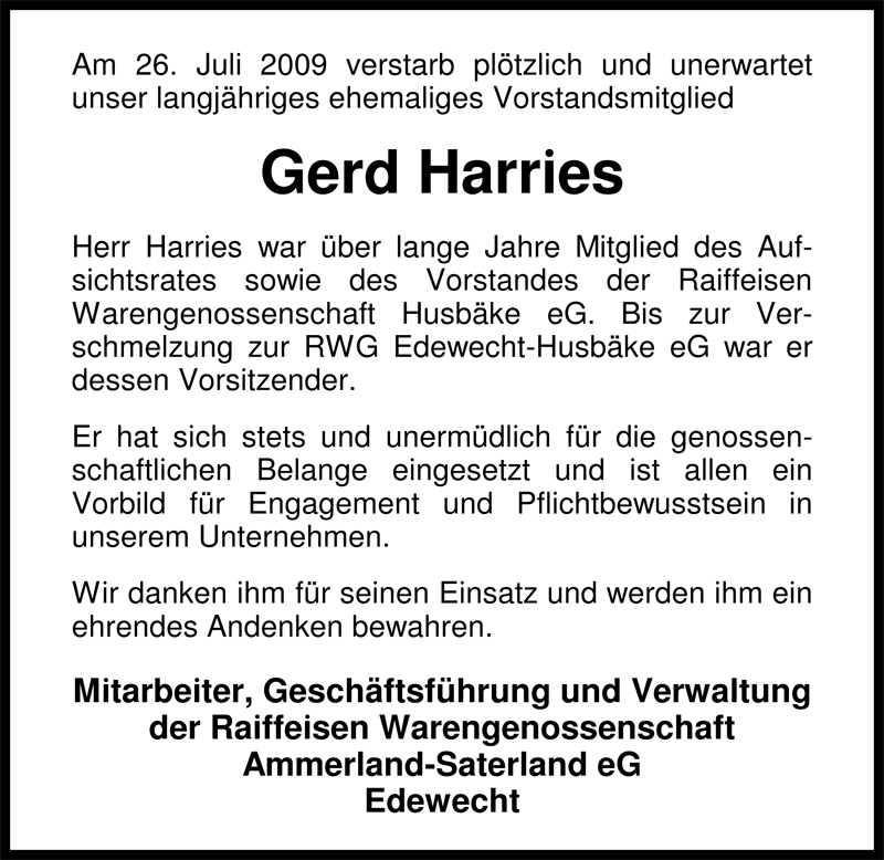  Traueranzeige für Gerhard (Gerd) Harries vom 29.07.2009 aus Nordwest-Zeitung