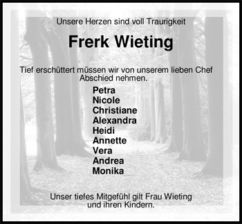 Traueranzeige von Frerk Wieting von Nordwest-Zeitung