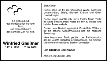 Traueranzeige von Winfried Gleißner von Nordwest-Zeitung