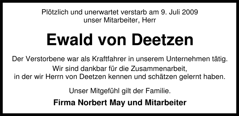  Traueranzeige für Ewald von Deetzen vom 15.07.2009 aus Nordwest-Zeitung