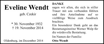 Traueranzeige von Eveline Wendt von Nordwest-Zeitung