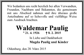 Traueranzeige von Waldemar Paulig von Nordwest-Zeitung