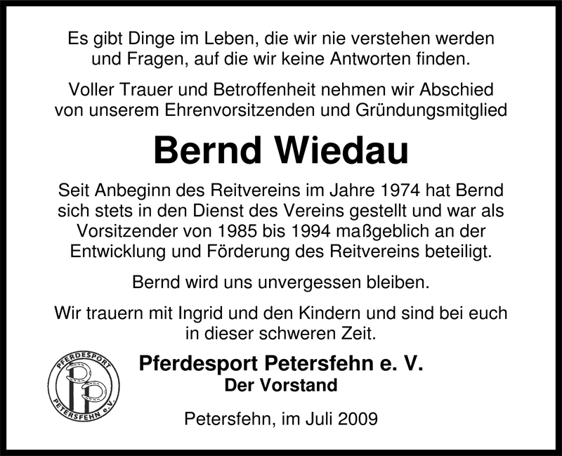  Traueranzeige für Bernd Wiedau vom 15.07.2009 aus Nordwest-Zeitung