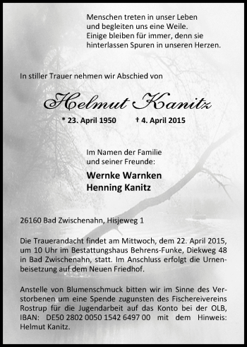 Traueranzeige von Helmut Kanitz von Nordwest-Zeitung