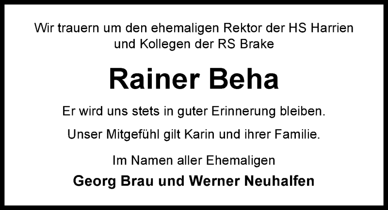  Traueranzeige für Rainer Beha vom 19.03.2015 aus Nordwest-Zeitung