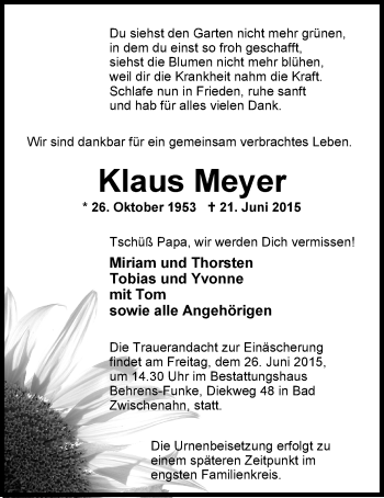 Traueranzeige von Klaus Meyer von Nordwest-Zeitung
