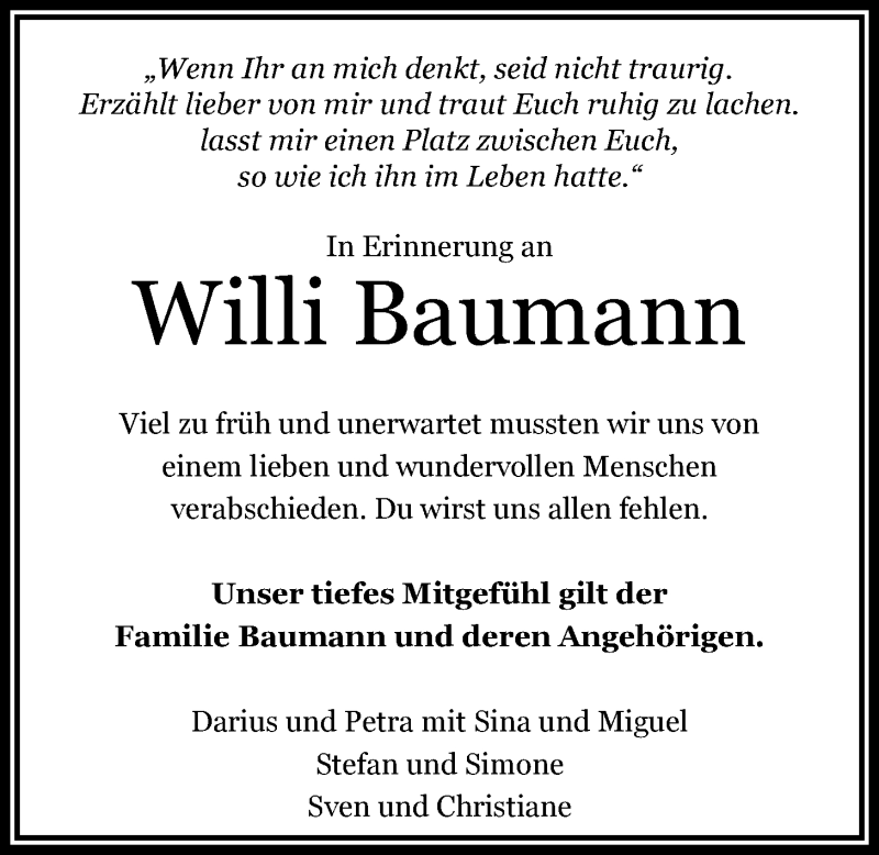  Traueranzeige für Willi Baumann vom 10.07.2015 aus Nordwest-Zeitung