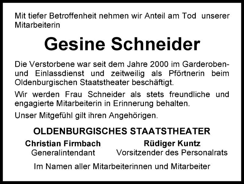  Traueranzeige für Gesine Schneider vom 09.05.2015 aus Nordwest-Zeitung