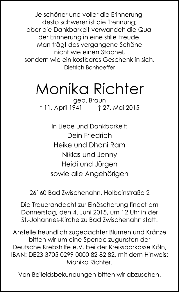  Traueranzeige für Monika Richter vom 01.06.2015 aus Nordwest-Zeitung