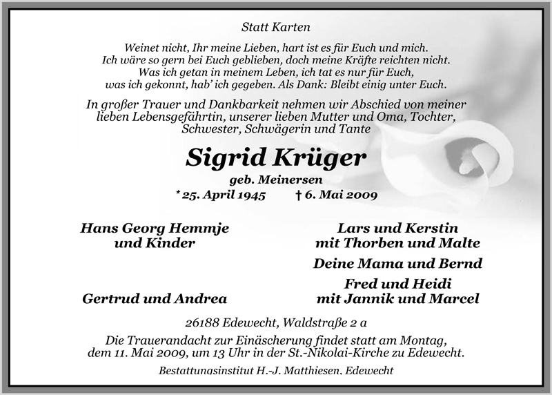  Traueranzeige für Sigrid Krüger vom 08.05.2009 aus Nordwest-Zeitung