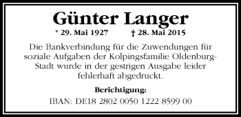 Traueranzeige von Günter Langer von Nordwest-Zeitung