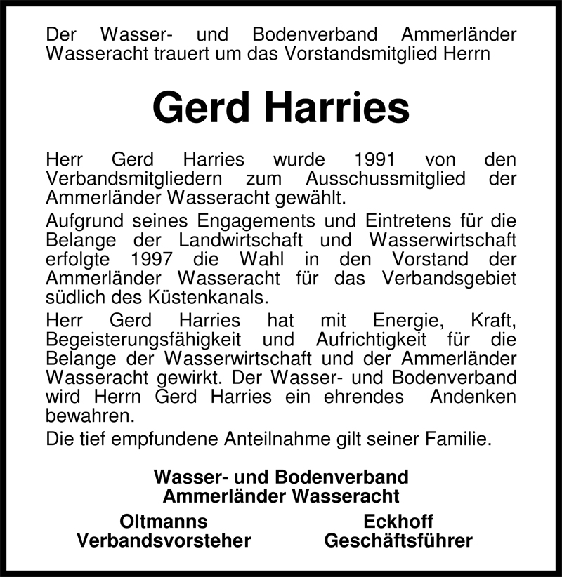  Traueranzeige für Gerhard (Gerd) Harries vom 29.07.2009 aus Nordwest-Zeitung